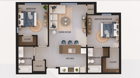 Floor plan for 2 beds, 2 baths, 840 sqft